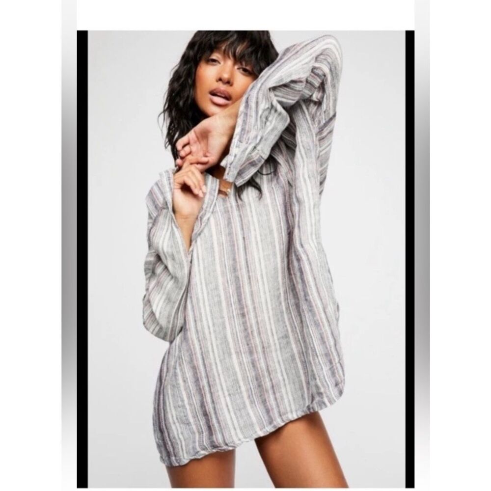 Free PeopleX CP Shades Striped Tunic Hoodie in Light blue Pink linen oversized
